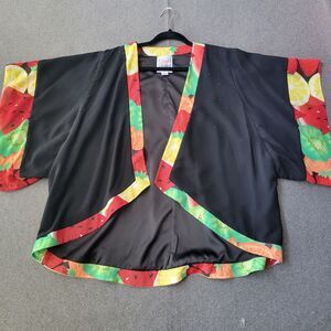 Very Vollbracht L Black Fruit Print Trim Open Front Cardigan Kimono 616